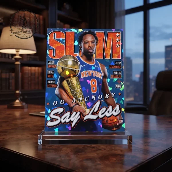 OG Anunoby Slam Magazine Cover Art Print New York Knicks Hologram Card with Wood Stand 1 Holographic basketball player art card styled on a wooden office desk next to a lamp.