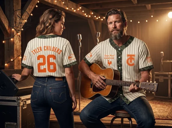 A man playing an acoustic guitar while wearing the cream pinstriped Tyler Childers baseball jersey.