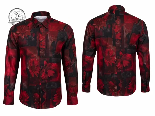 The Vampire Lestat Eric Bogosian Daniel Molloy Red Floral Long Sleeve Button Up Shirt 3 Close-up of the shirt fabric showing the high-resolution red floral graphic print.