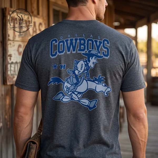 Detailed look of high-quality 2026 Disney NFL Collab Merch Dallas Cowboys Woody Toy Story Graphic T-Shirt in Graphic Shirts