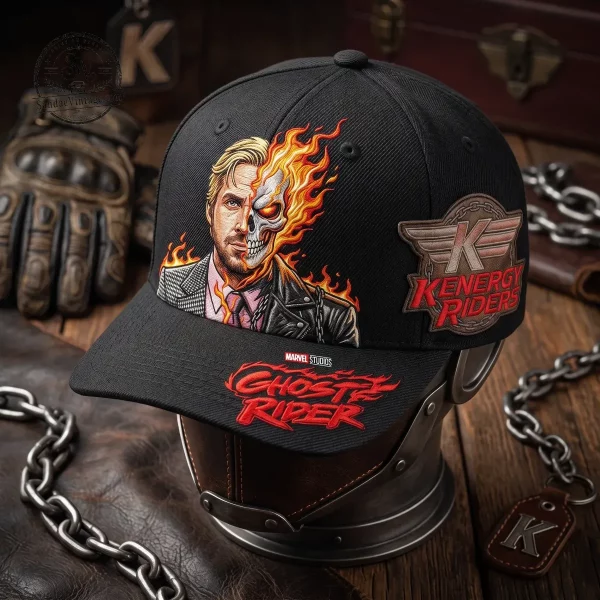 Front view of black baseball cap with Ryan Gosling and Ghost Rider graphic art.