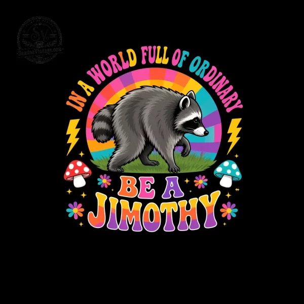 In A World Full Of Ordinary Be A Jimothy Retro Raccoon Meme T-Shirt 2 A black crew neck t-shirt featuring a retro-colored raccoon meme graphic with rainbow sunset and mushrooms. (Detail view #3)